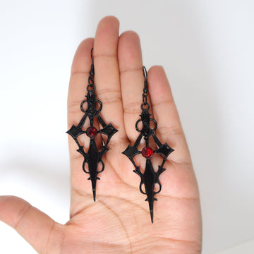 Rhinestone Red Black Cross Halloween Earrings, Long Cross Halloween Earrings, Scary Statement earrings.